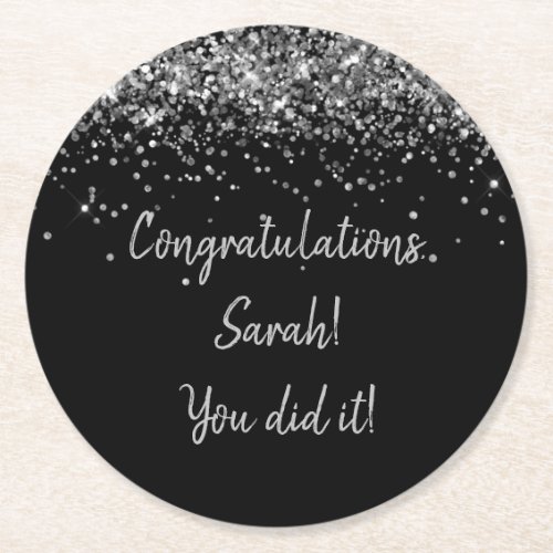 Custom Black and Silver Graduation Party Sparkle  Round Paper Coaster