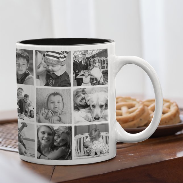 Custom Black And White 21 Photo Collage Two-Tone Coffee Mug (Creator Uploaded)