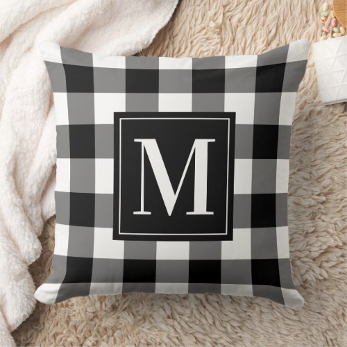 Custom Black and White Buffalo Plaid Monogram Throw Pillow