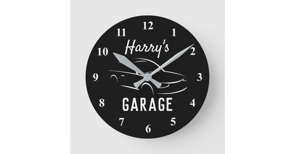Custom black and white car garage wall clock gift Zazzle