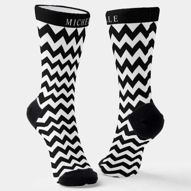 Custom Black and White Chevron Pattern Socks (Angled)