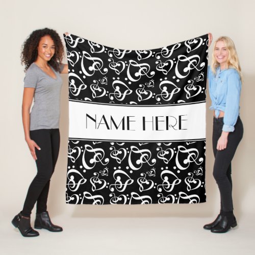 Custom Black And White Clef Hearts Music Notes Fleece Blanket