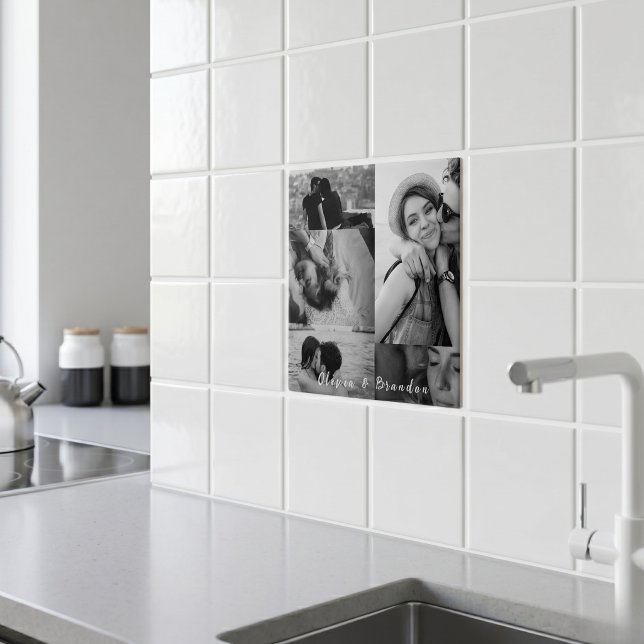 Custom Black and White Couple Photo Collage Names Ceramic Tile (Creator Uploaded)