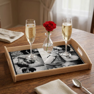 Custom Black and White Couple Photo Collage Names Serving Tray