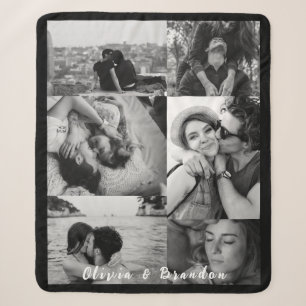 Custom Black and White Couple Photo Collage Names Sherpa Blanket