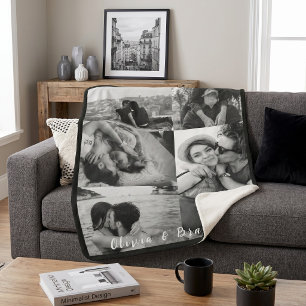 Custom Black and White Couple Photo Collage Names Sherpa Blanket