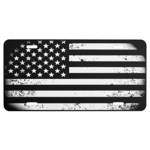 Custom Black and White Distressed American Flag License Plate