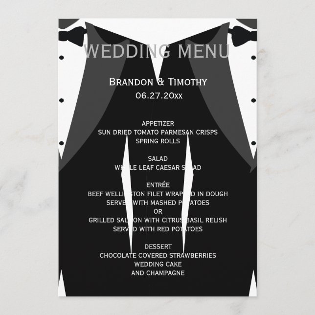 Custom Black And White Gay Wedding Menu Card (Front)