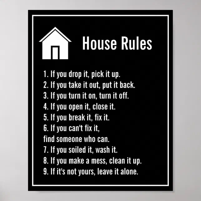 Custom Black and White House Rules Poster | Zazzle