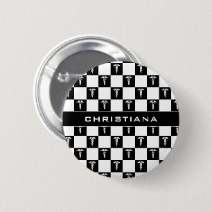 Custom Black and White Medical Symbol Caduceus Button