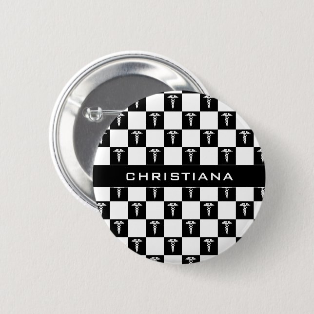 Custom Black and White Medical Symbol Caduceus Button (Front & Back)