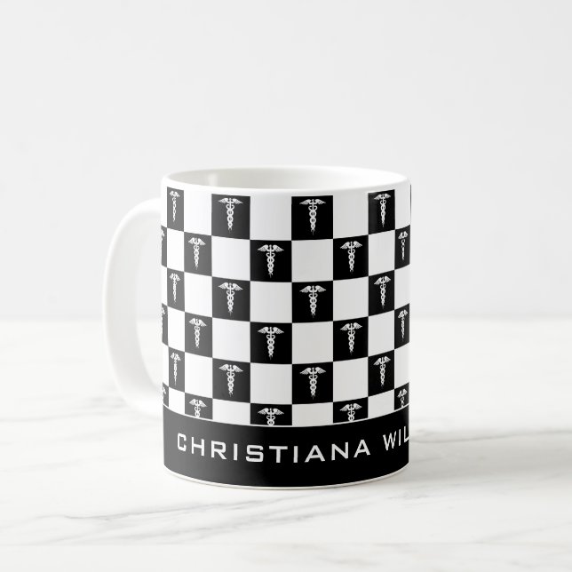 Custom Black and White Medical Symbol Caduceus Coffee Mug (Front Left)