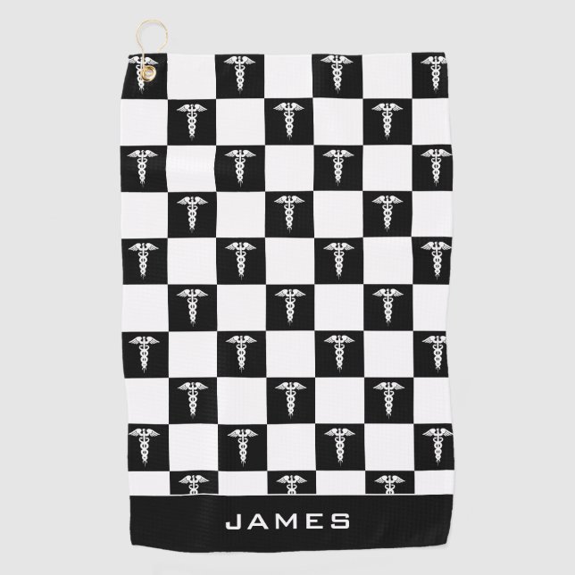 Custom Black and White Medical Symbol Caduceus Golf Towel (Front)