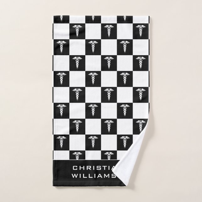 Custom Black and White Medical Symbol Caduceus Hand Towel (Hand Towel)