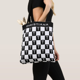 Custom Black and White Medical Symbol Caduceus Tote Bag