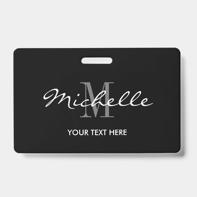 Custom black and white monogram name badge (Front)