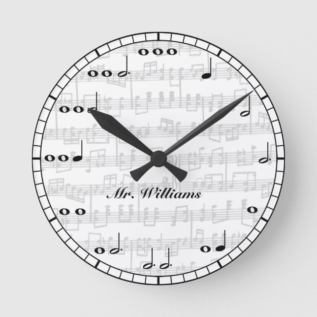 Custom Black and White Music Notes Round Clock (Front)