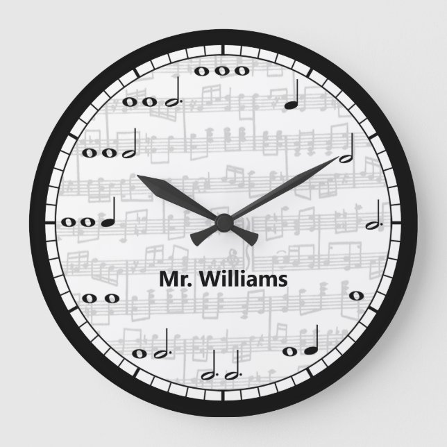 Custom Black and White Music Notes Round Clock (Front)