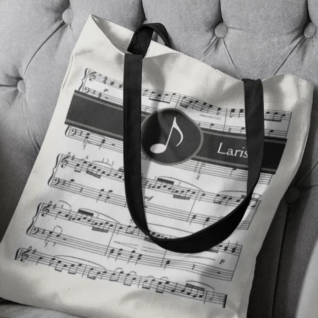 Custom black and white musical notes tote bag | Zazzle