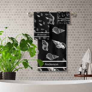 Custom Black and White Nautical Seashell Bathroom Bath Towel Set