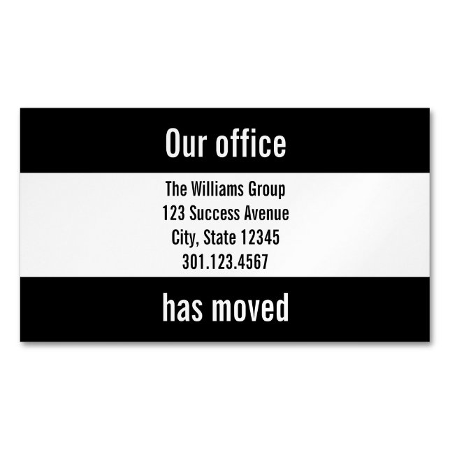 Custom Black and White Office Moving Announcement Business Card Magnet (Front)