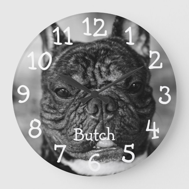 Custom Black and White Pet Photo Name Large Clock (Front)