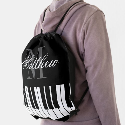 Custom black and white piano keys monogram pianist drawstring bag