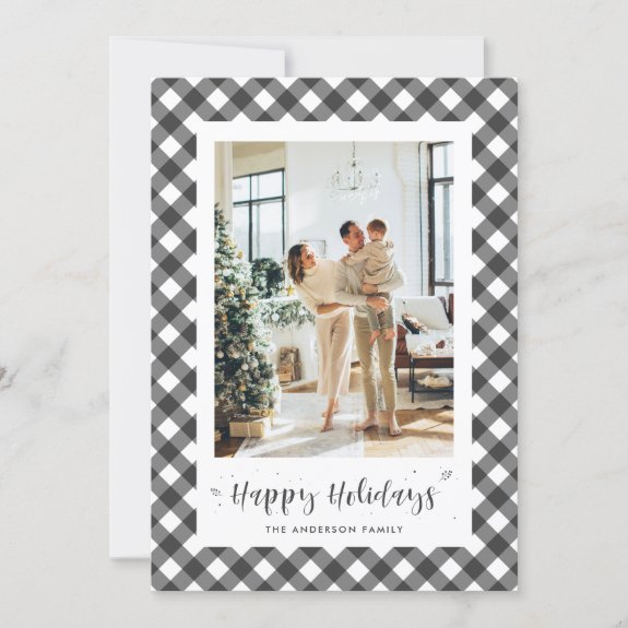 Custom Black and White Plaid Photo Holiday Card