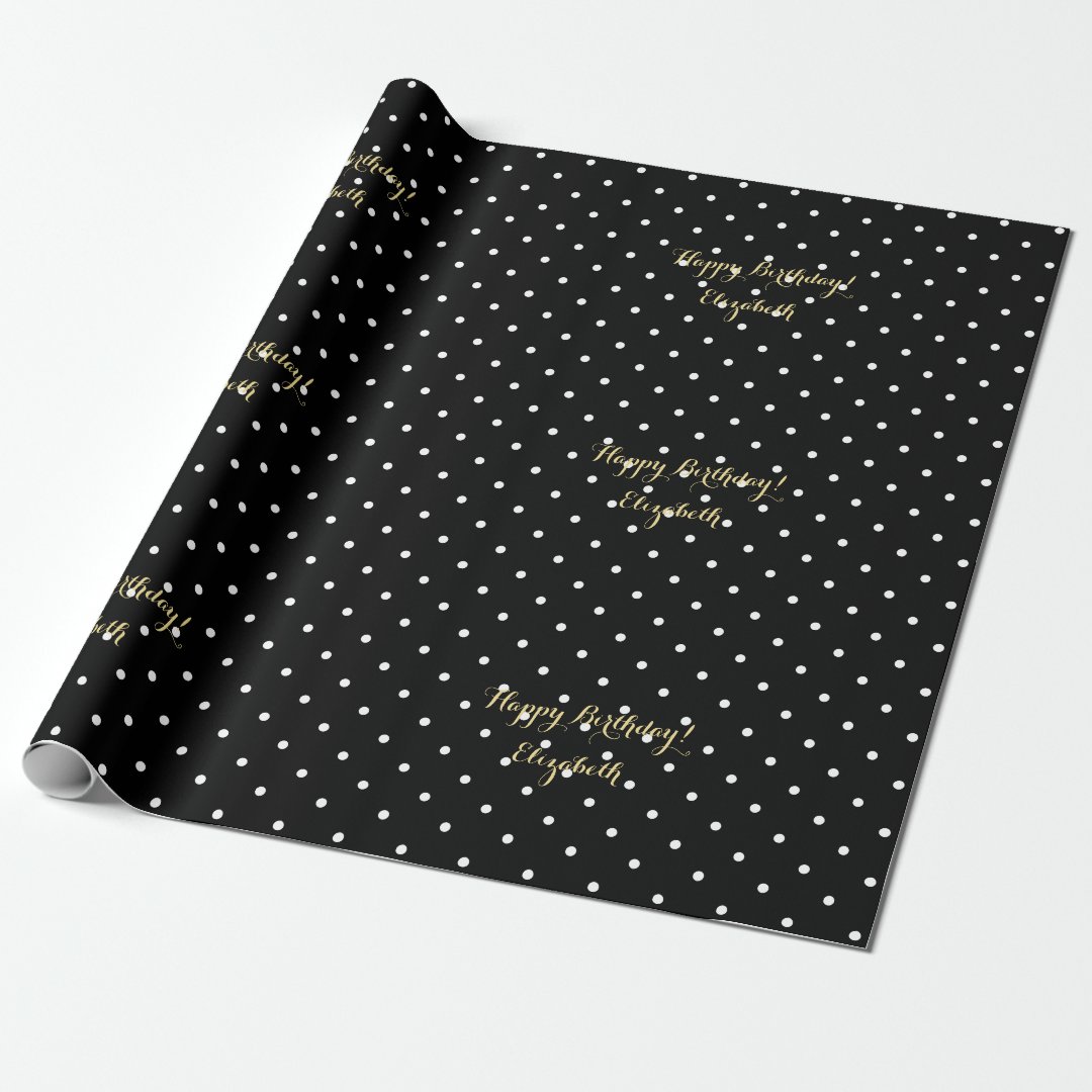 Custom Black and White Polka Dot Faux Gold Script Wrapping Paper | Zazzle