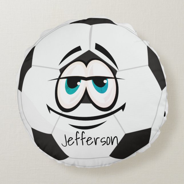  Custom Black and white soccer ball funny face. Round Pillow (Back)