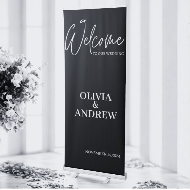  Custom Black And White Wedding Couple Name Retractable Banner (Modern wedding couple name with date invitation banner)