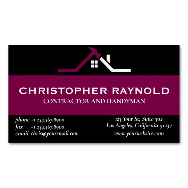 Custom Black and Wine Home Building Construction Business Card Magnet (Front)