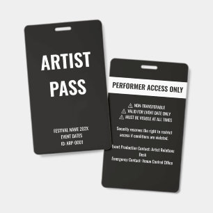 Custom Black Artist Performer Full Access Concert Badge