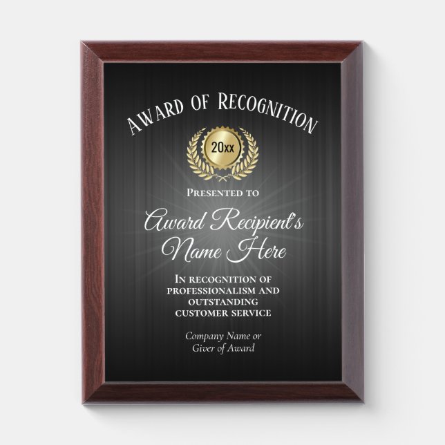 Custom Black Award of Recognition Plaque (Vertical)