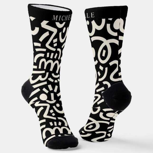 Custom Black Background White  Abstract Pattern Socks (Angled)