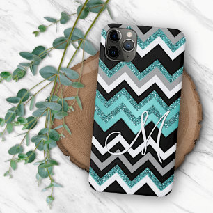 Custom Black Blue Turquoise Silver Zigzag Pattern iPhone 11Pro Max Case