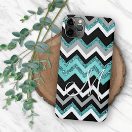 Custom Black Blue Turquoise Silver Zigzag Pattern iPhone 16 Pro Max Case