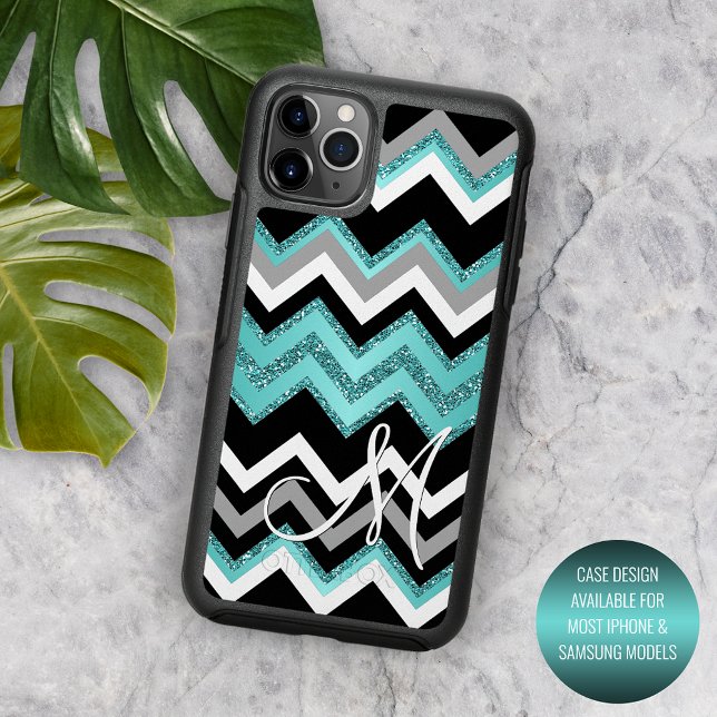Custom Black Blue Turquoise Silver Zigzag Pattern Otterbox iPhone Case (Creator Uploaded)