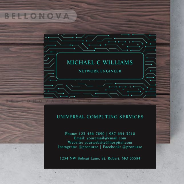 Custom Black Bright Green Turquoise Blue Circuit  Business Card (Custom Black Bright Green Turquoise Blue Circuit Business Card)