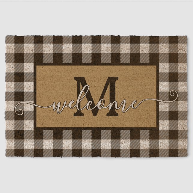 Custom Black Buffalo Check Tartan Pattern Cabin Fiber Doormat (Front)