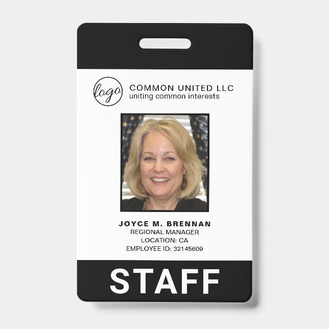 Custom Black Business Logo Employee Photo ID Badge (Front)