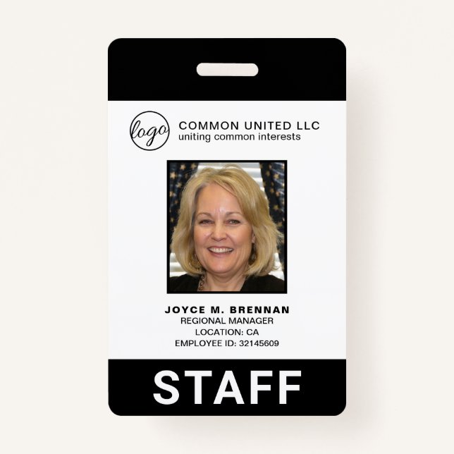 Custom Black Business Logo Employee Photo ID Badge (Front)
