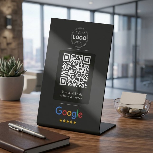 Custom Black Business Review QR Code Logo Pedestal Sign (Custom Black QR Code Review Pedestal Sign | Business Logo Display | Modern Reception Desk Signage)