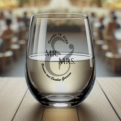 Custom Black Calligraphy Couple Names Initials Stemless Wine Glass