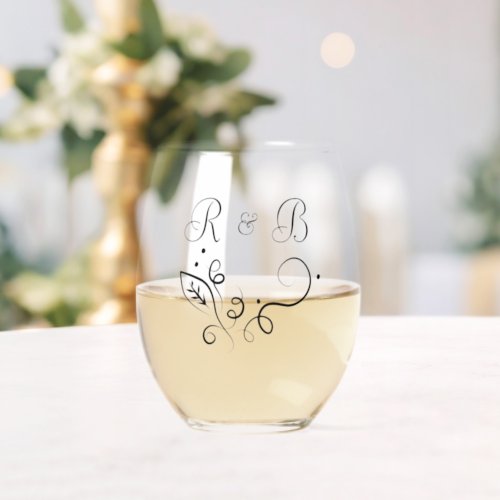 Custom Black Calligraphy Couple Names Initials Stemless Wine Glass
