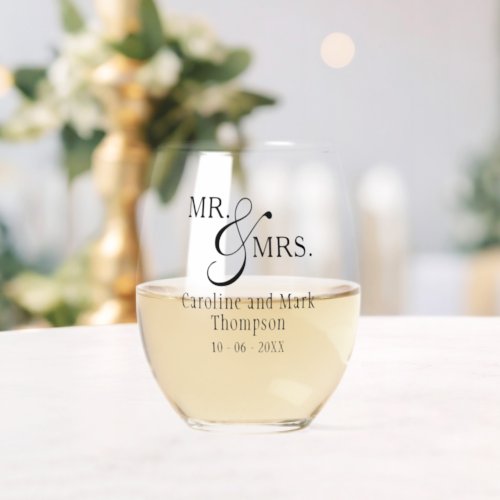 Custom Black Calligraphy Mr And Mrs Couple Names Stemless Wine Glass