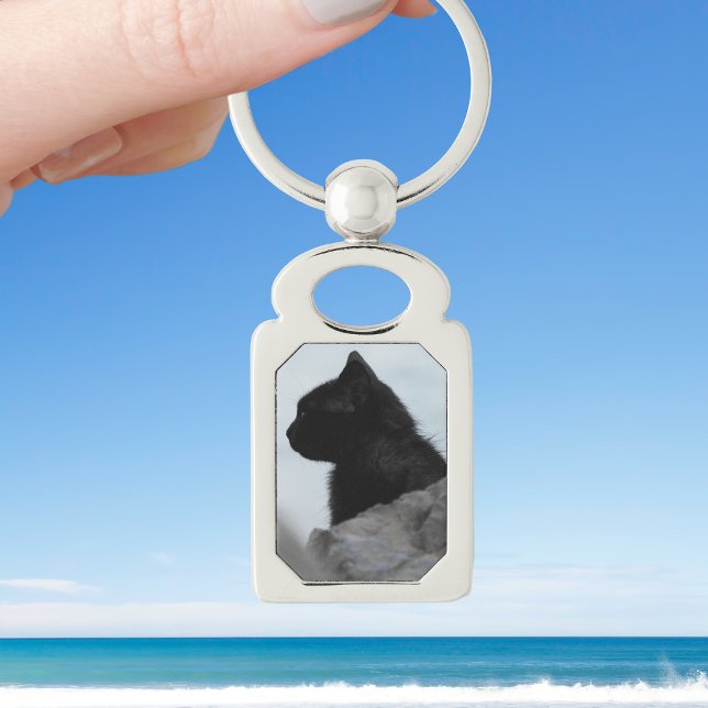 Custom Black Cat Photo Pet Lover Silver Keychain (Upload a photo of your best friend to this lovely silver keychain.)