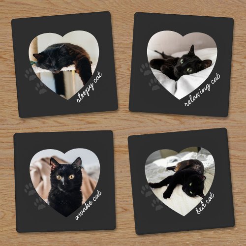 Custom Black Cat Photo Pet Name Heart Frame Cute Coaster Set