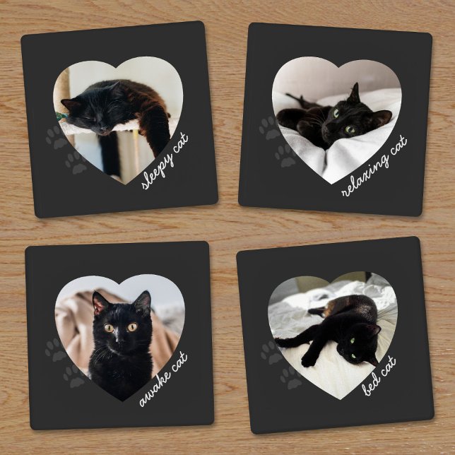 Custom Black Cat Photo Pet Name Heart Frame Cute Coaster Set (Upload 4 of your favorite photos to this coaster set. Choosing only 4 will be hard but you can do it)
