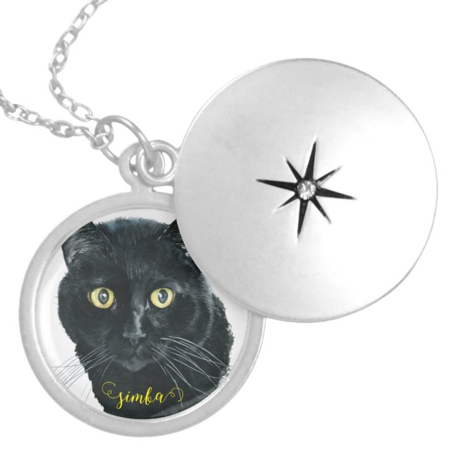 Custom Black Cat Photo Pet Photo Dog Photo Locket Necklace (Front)
